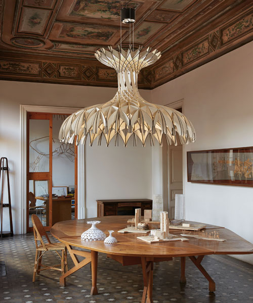 benedetta tagliabue's dome lamp crafted using 170 interlocking wood pieces