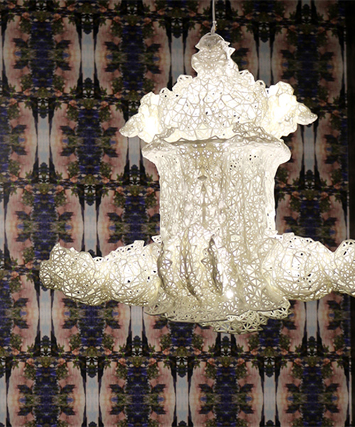 david nosanchuk models 3D printed pendant lamp after architectural ornament in NYC