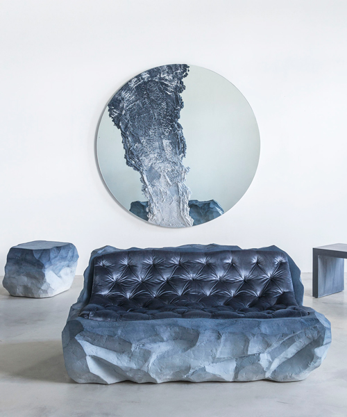 fernando mastrangelo extends sand and cement drift series with sofa, tables + mirror
