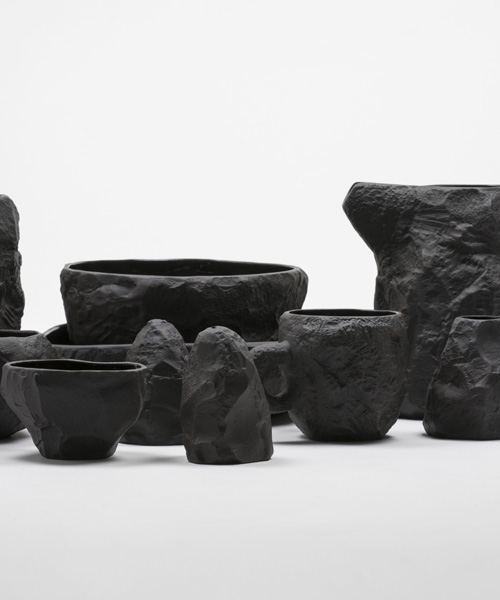 max lamb’s crockery in black basalt is formed using the tools of a stone mason