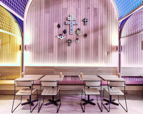 bold colors and mesh arches define the interior of techné's paco's tacos restaurant