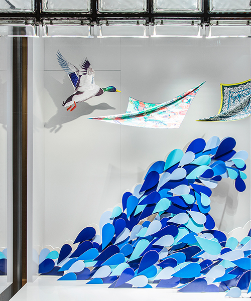 isabelle daëron floods Hermès ginza store windows with a wave of water