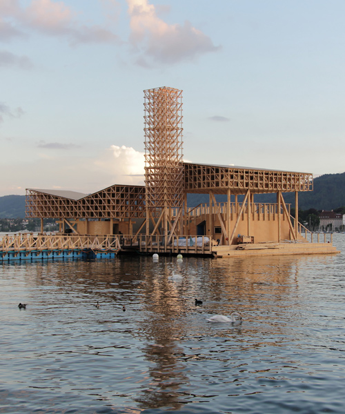 floating pavillon of reflections at manifesta 11 is built entirely from wood
