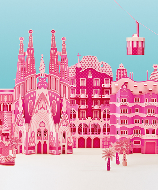 zim & zou crafts barcelona's architectural landmarks from pink paper