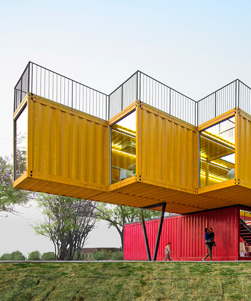 people's architecture office stacks shipping containers for cantilevered pavilion