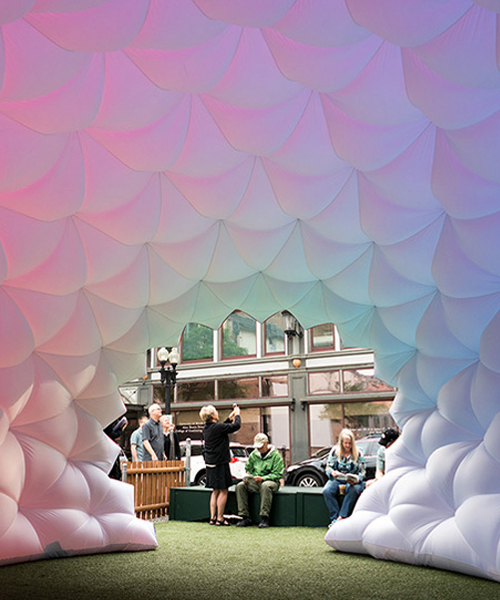 fabric prism installation by pneuhaus uses an inflatable membrane which responds to light