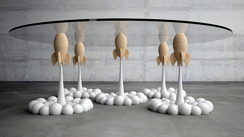 stelios mousarris' rocket coffee table blasts off on plumes of smoke