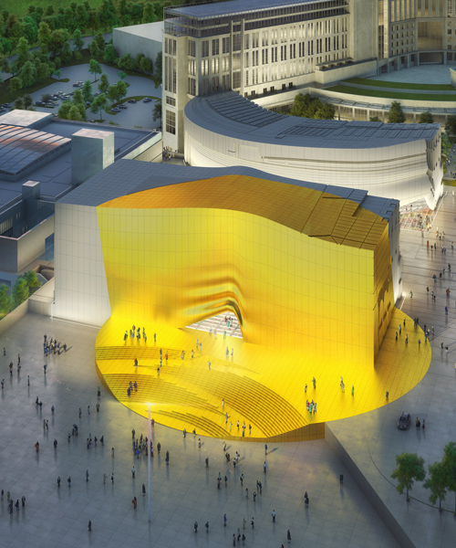 MVRDV's entertainment plaza in seoul is highlighted with a giant golden spot