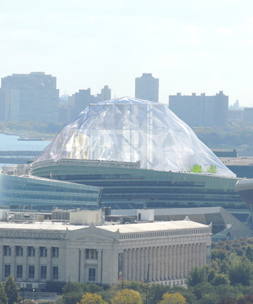 OMA's elevated LCAM chicago museum proposal wrapped in transparent ETFE