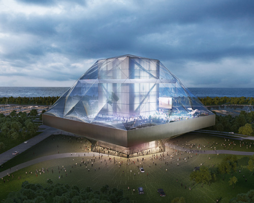 OMA's elevated LCAM chicago museum proposal wrapped in transparent ETFE