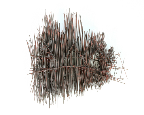 david moreno juxtaposes steel rods to create a series of micro-atmospheres