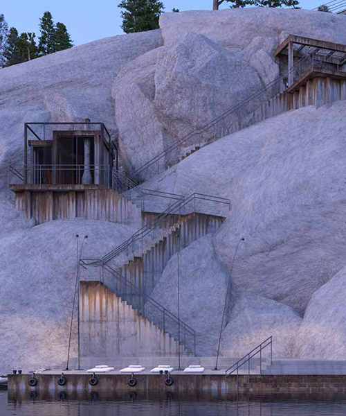 proposed PS1 house by igor sirotov is embedded into an alpine rock face in russia