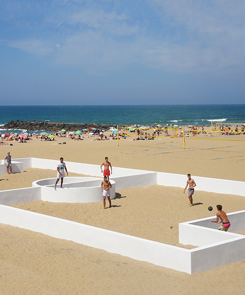 benedetto bufalino installs a walled football field on a beach in anglet, france