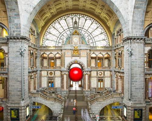 redball project squeezes into architectural landmarks across antwerp