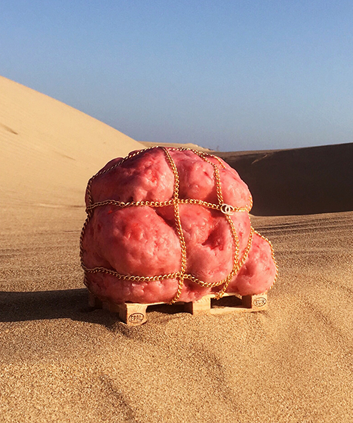 andrea hasler installs compressed flesh sculpture in the moroccan sahara desert