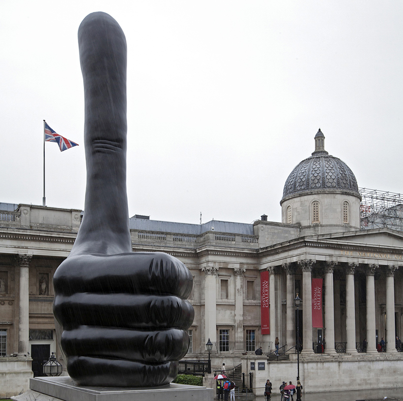 david shrigley unveils giant thumbs-up for fourth plinth in london's trafalgar square