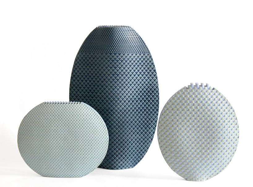 hélène morbu handcrafts ceramic vases with surfaces mimicking textiles