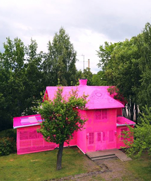 olek wraps two scandinavian homes in hot pink crochet