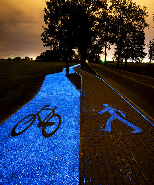 glow-in-the-dark solar-powered cycle lane shimmers blue