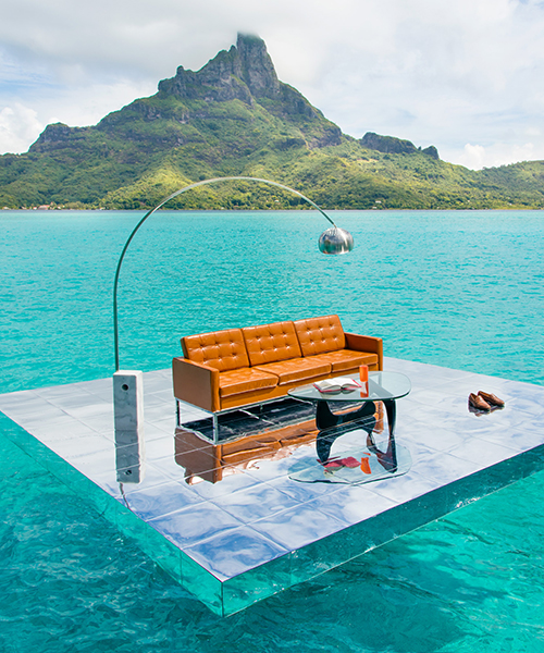 gray malin floats midcentury modern furniture in the waters of french polynesia