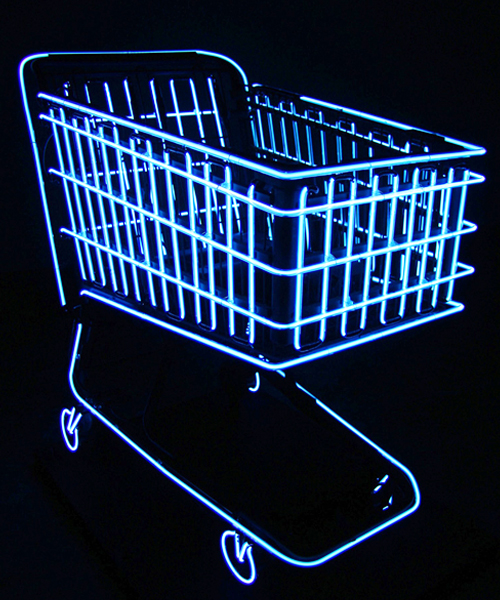 molly v. dierks evokes consumerism with neon shopping cart
