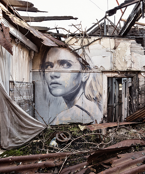 rone's murals of beautiful women haunt wrecked buildings + abandoned homes