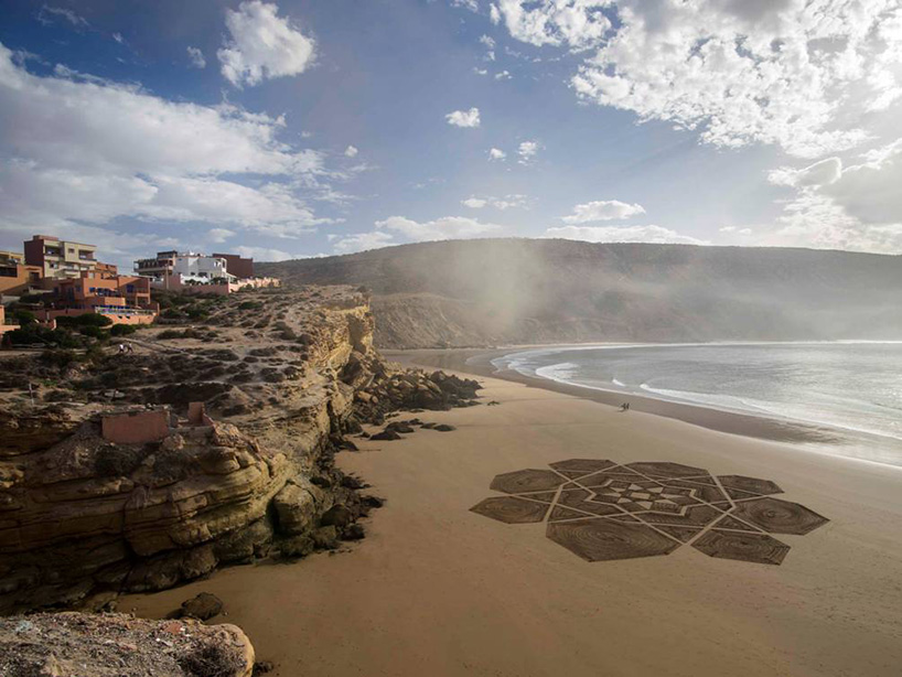 sam dougados inscribes moroccan beaches with intricate arabic patterns