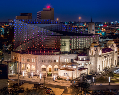LMN architects adds metallic veil of LED lights to tobin center for the performing arts in texas