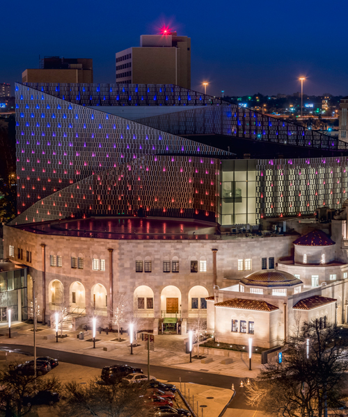 LMN architects adds metallic veil of LED lights to tobin center for the performing arts in texas
