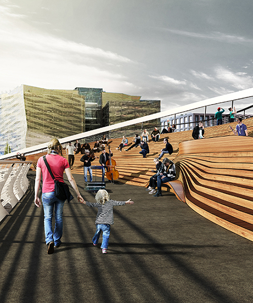 FOH imagines a curving amphitheatre + bridge in the heart of dublin's docklands