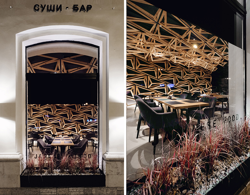 400 wooden triangles envelope sushi bar by DA architects