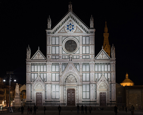 microscape ignites florence's santa croce basilica with a façade of white light