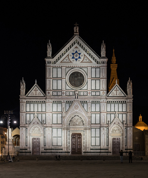 microscape ignites florence's santa croce basilica with a façade of white light