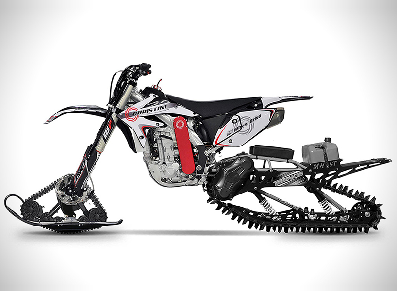 christini II-track AWD snow utility bike fuses motorcycle with snowmobile