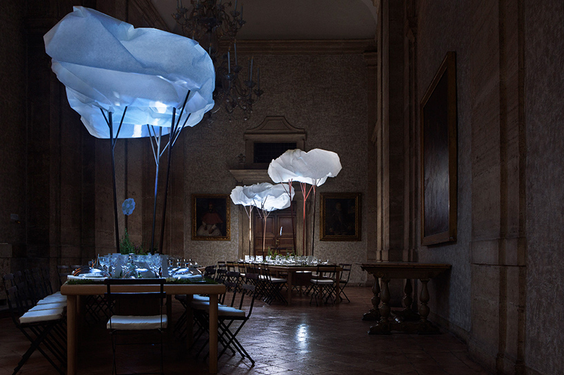 coudamy architectures creates a paper cloudscape in rome for Hermès dinner