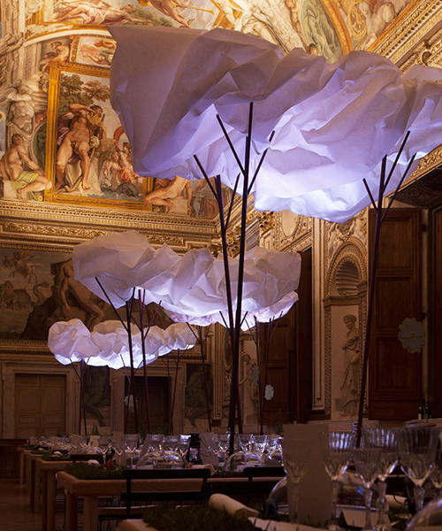 coudamy architectures creates a paper cloudscape in rome for Hermès dinner