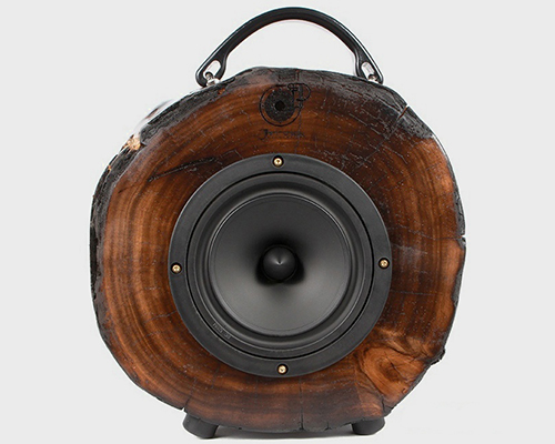 rockit log wooden speakers are made of recycled trees