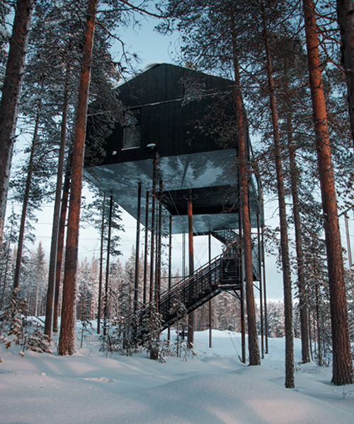 sleep among the treetops in snøhetta's floating cabin in sweden