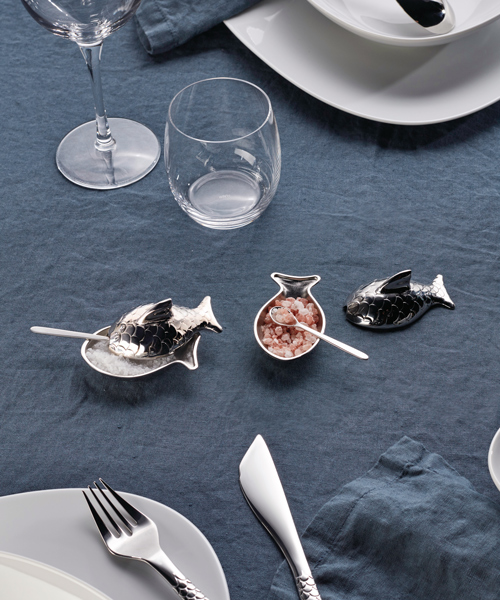 fuksas adds fish-themed salt cellar and oyster knife to colombina cutlery set for alessi