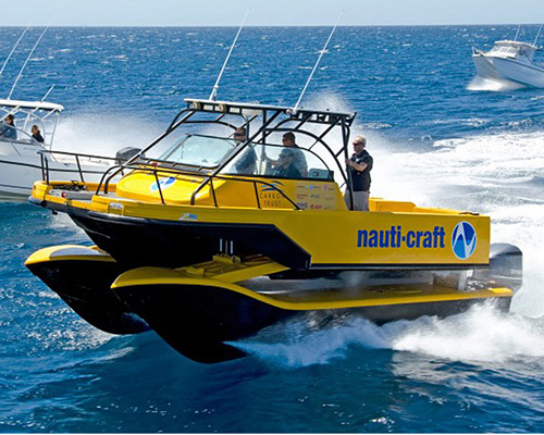 the nauti-craft glides along the sea surface with hydraulic suspension