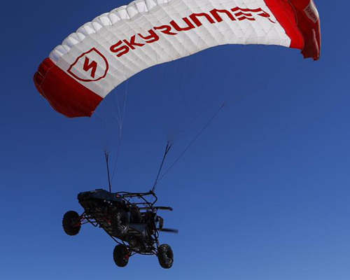 the skyrunner flying buggy fuses an all-terrain vehicle with an aircraft