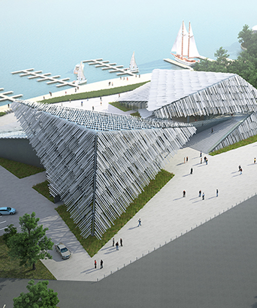 kengo kuma shapes yangcheng lake tourist center in china with triangular roofs