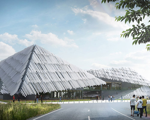 kengo kuma shapes yangcheng lake tourist center in china with triangular roofs