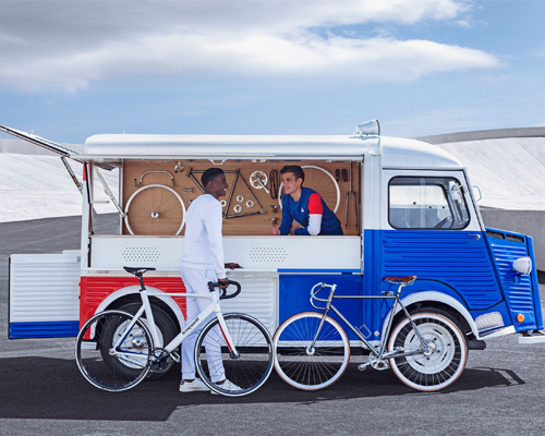 citroën X le coq sportif transform classic vans into tricolored mobile bicycle workshops