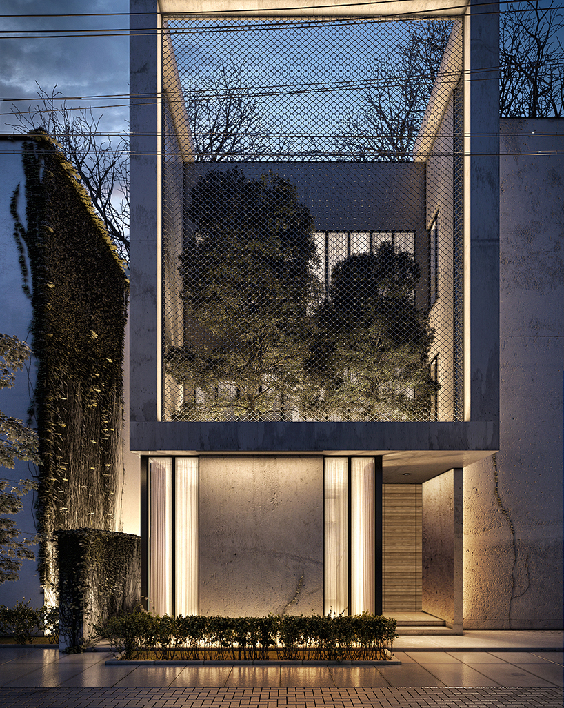 lines design reveals urban garden through mesh screen of cube house