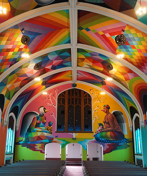 okuda san miguel colorizes the church of cannabis with hallucinatory scenes