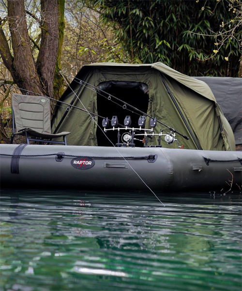 raptor boats fishing platform XL lets you pitch a tent in a boat