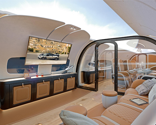 pagani encircles interior for airbus infinito cabin with a full ceiling screen