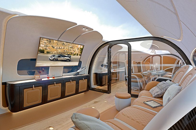 pagani encircles interior for airbus infinito cabin with a full ceiling screen