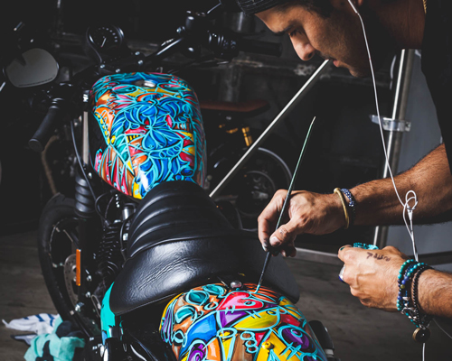 alexander mijares adds colorful and textured touch to harley-davidson bike